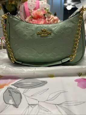 Coach Sage Green Embossed Leather Shoulder Bag with Gold Chain